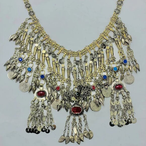 Vintage Afghan Oversized Necklace Embellished with Fish Motifs, Bib Necklace - Picture 4 of 7